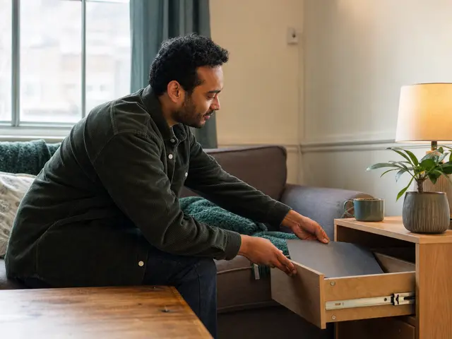 Resident putting a private folder away in a living room